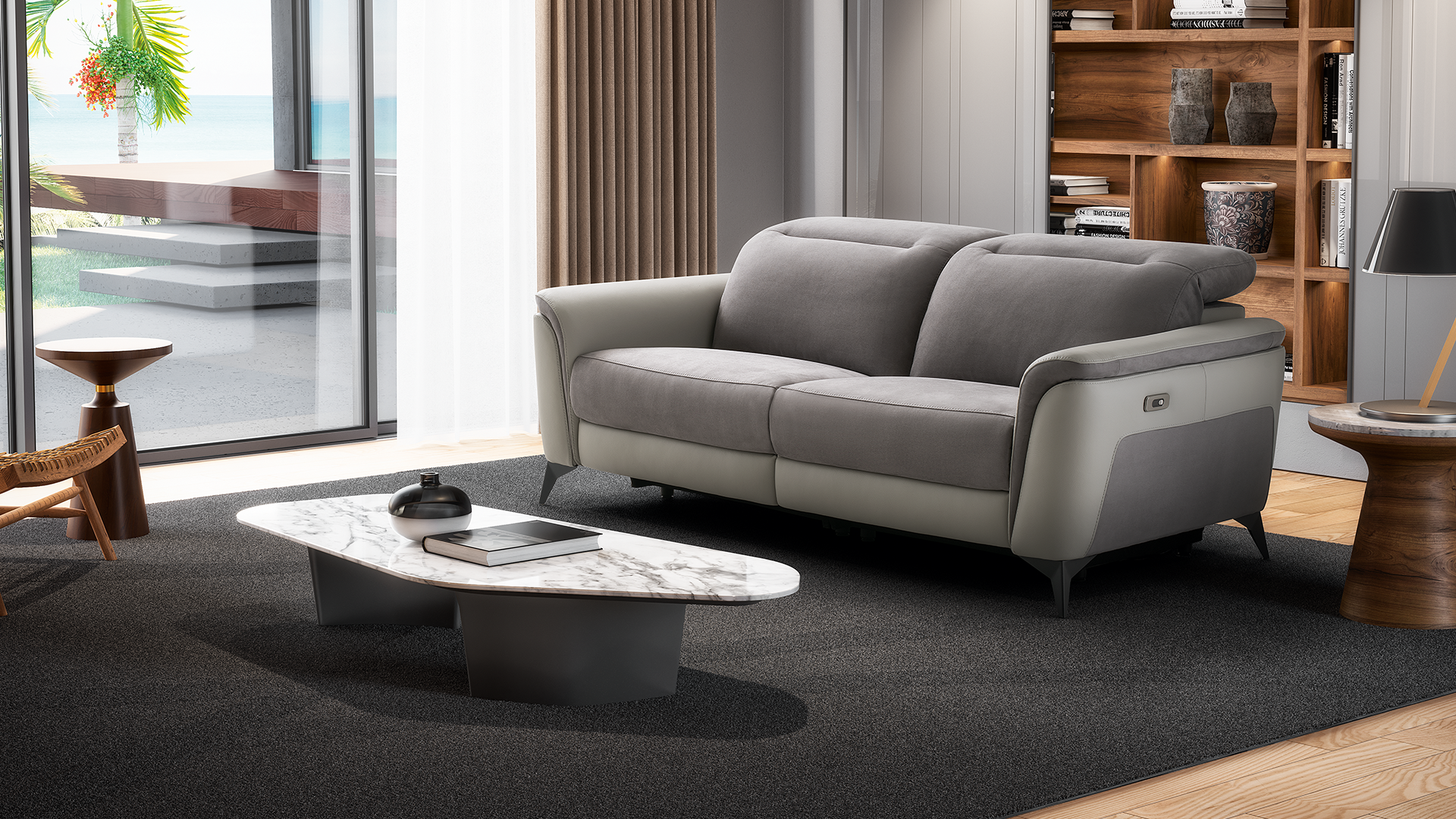 sofa relax em tecido e pele