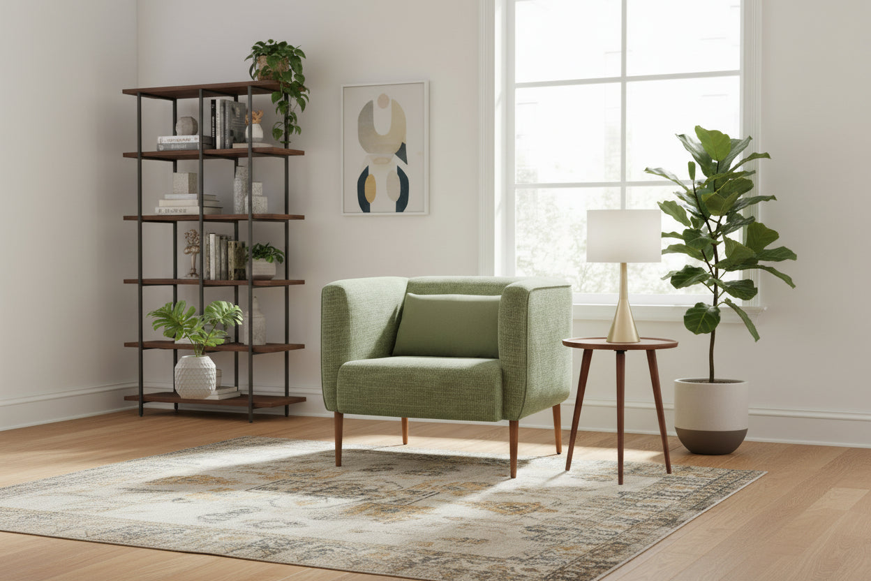 Cadeirao Glow em tecido com pés em madeira