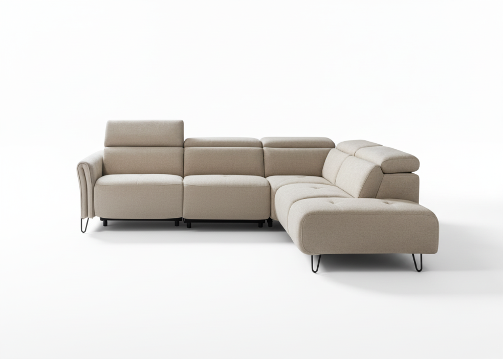 Canapé d’angle Ginzo relax ou fixe en tissu avec têtières réglables manuelles ou électriques