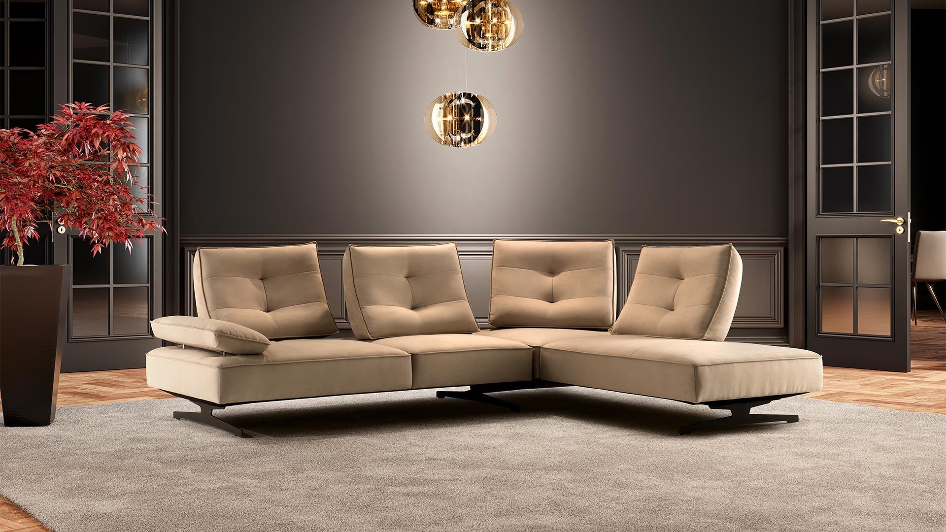 sofá de canto com costas de avanço e recuo 