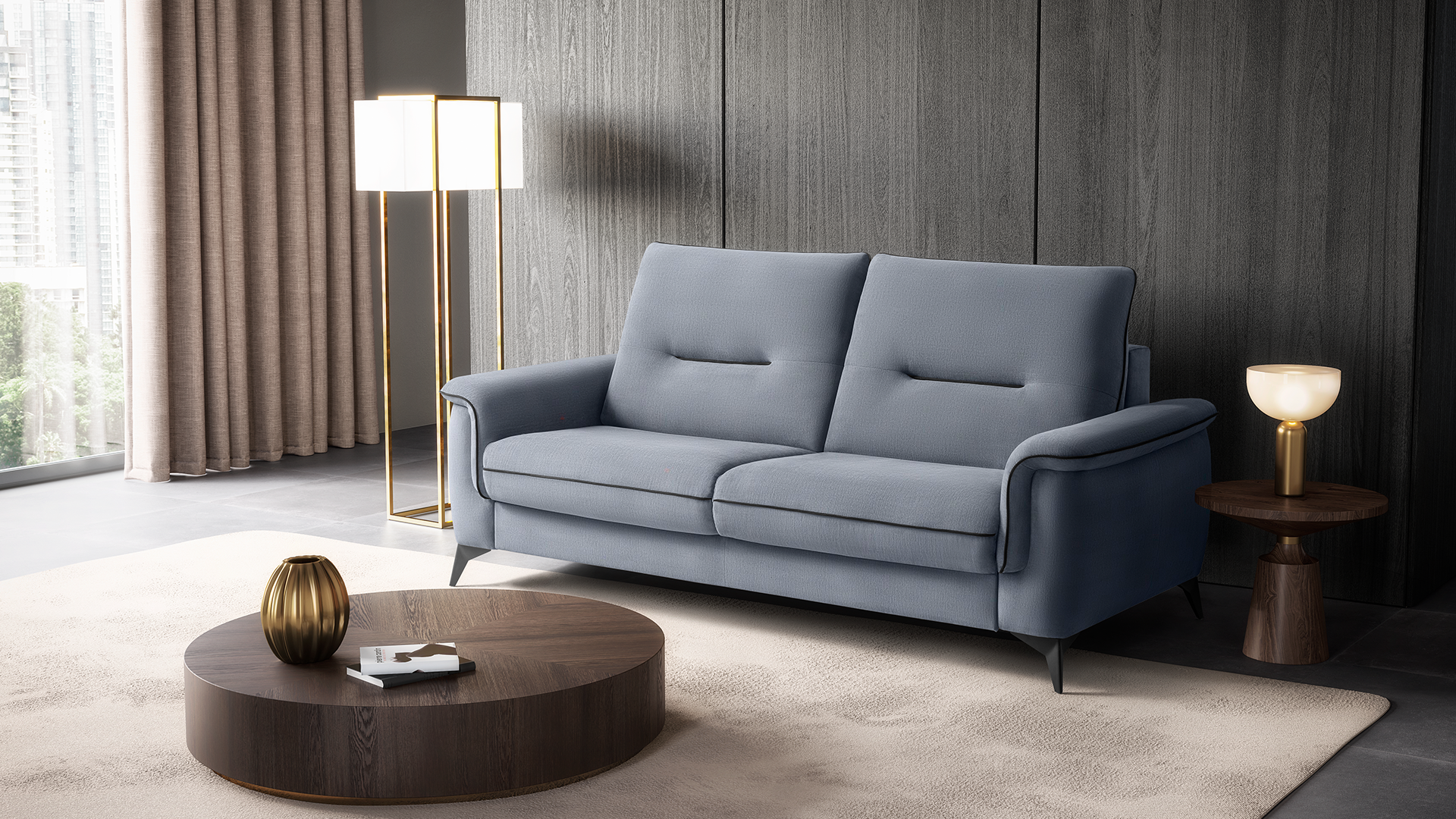 sofá cama com mecanismo rápido em tecido ou pele