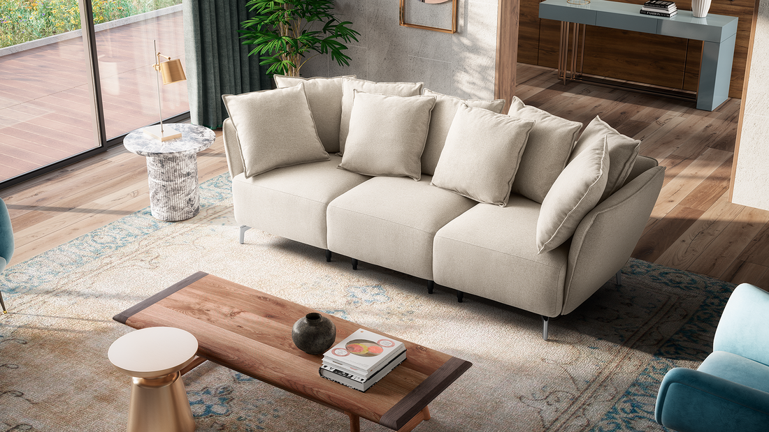 sofá fixo e acolhedor em tecido ou pele