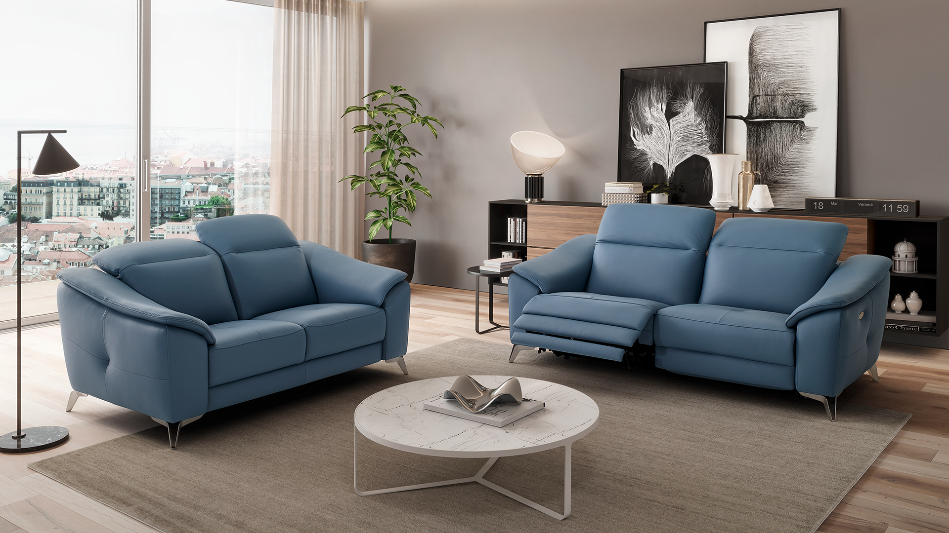 sofá relax em tecido ou pele